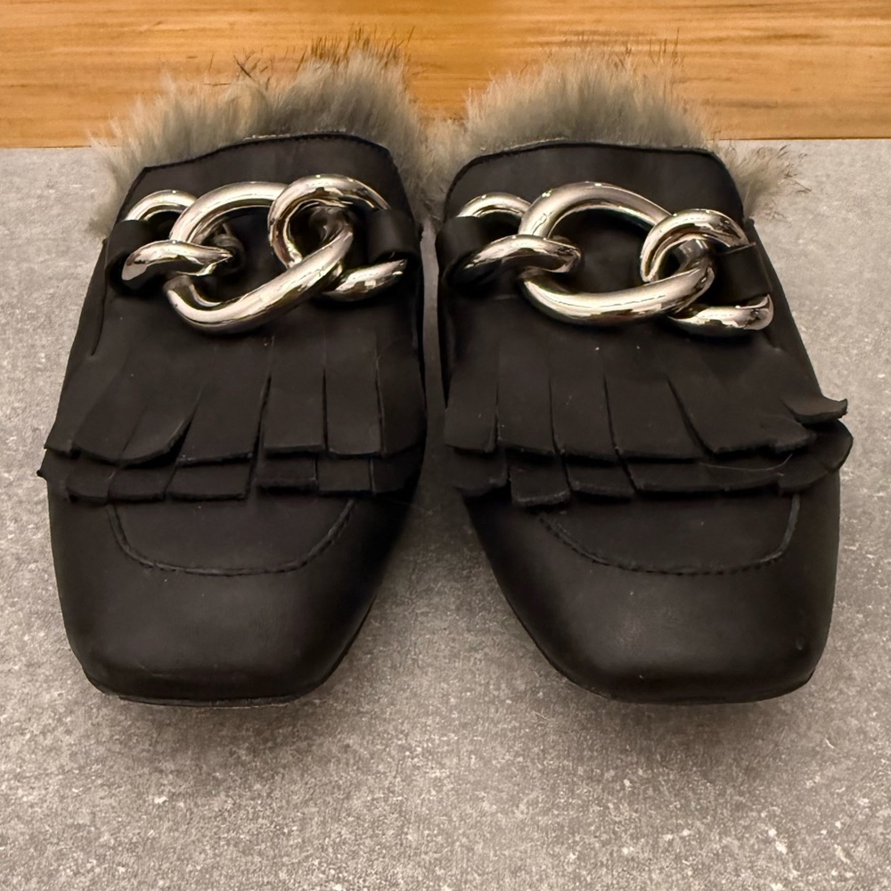 Jeffrey Campbell Leather Faux Fur Mule Slide Loafers Chunky Buckle Size 6 - Picture 6 of 12